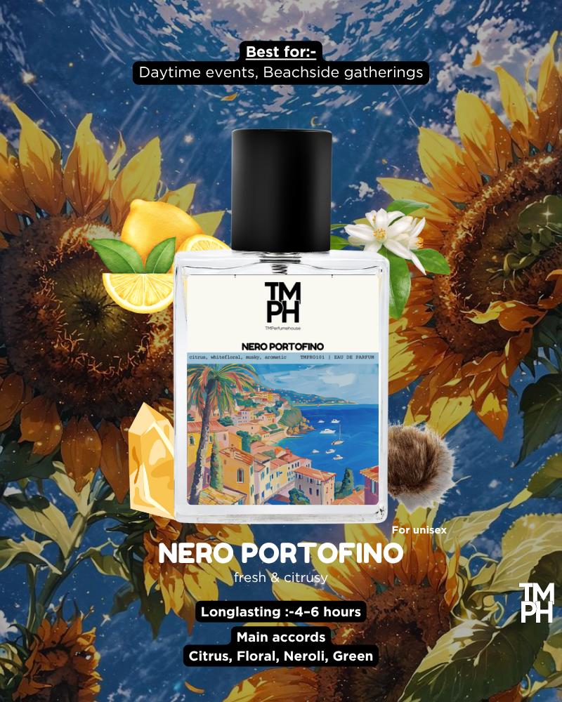 Nero Portofino perfume bottle with sunflowers and lemons on a scenic background