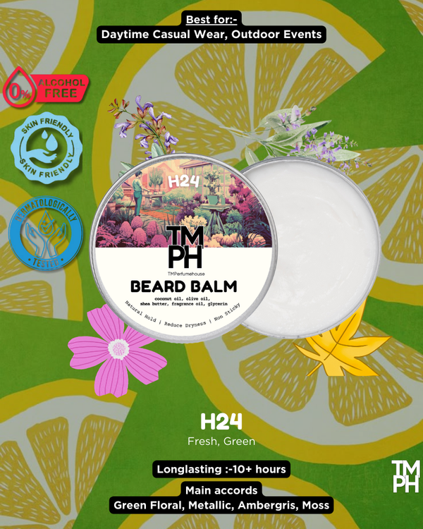 TM PH Beard Balm packaging with green floral design and product details.