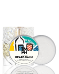 Beard balm container with a decorative label on a white background