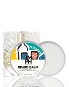 Beard balm container with a decorative label on a white background