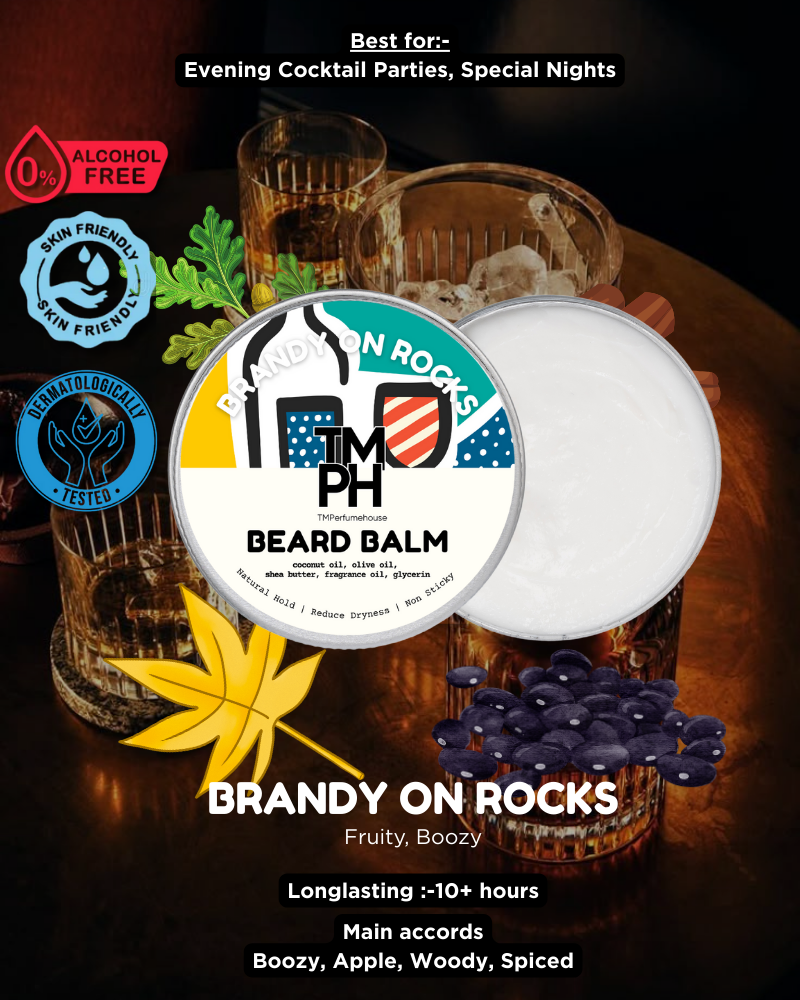 Beard balm container with branding and product details on a dark background with drinks.