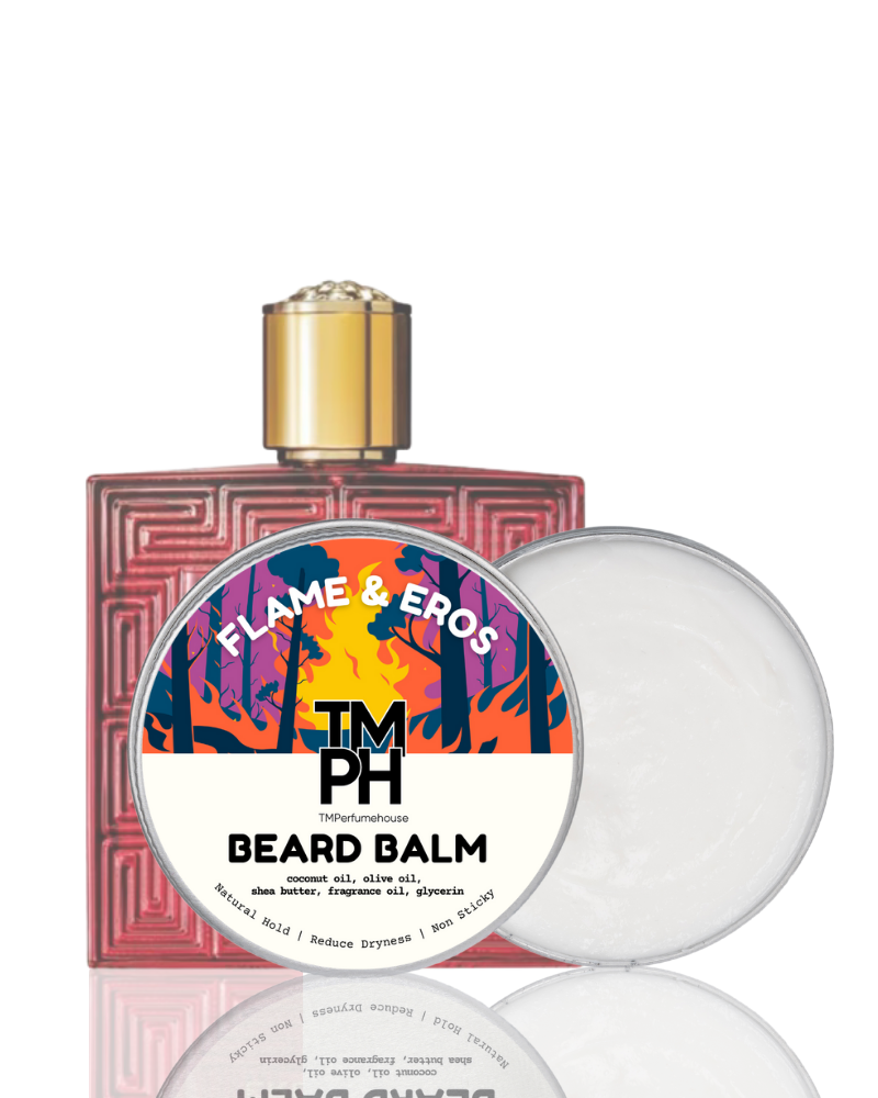 Beard balm with colorful label and gold cap on white background