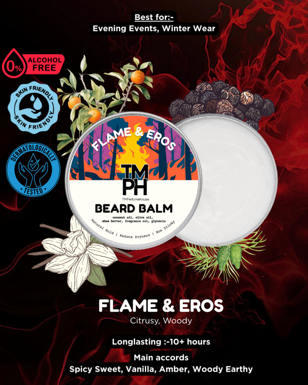 Beard balm container with colorful label on a dark background with floral elements