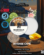 TM PH Intense Café Beard Balm packaging with a café-themed background
