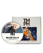 TM PH beard balm container with tiger design on a white background