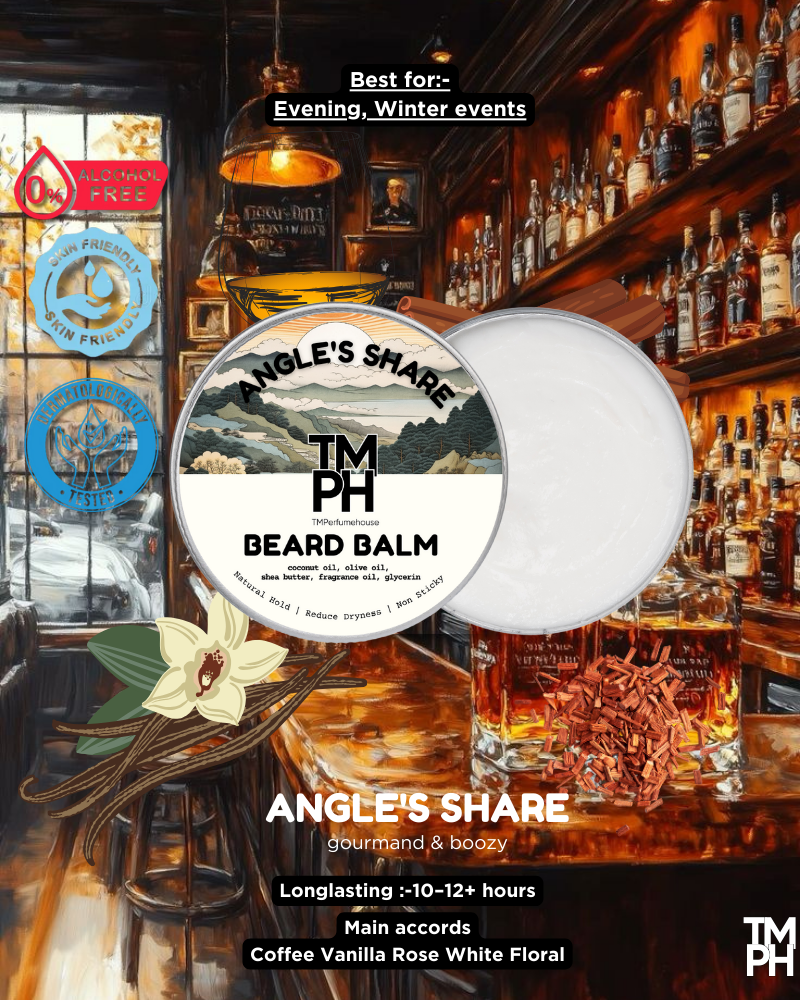 Beard balm packaging with a baroque-style background featuring bottles and decorative elements.