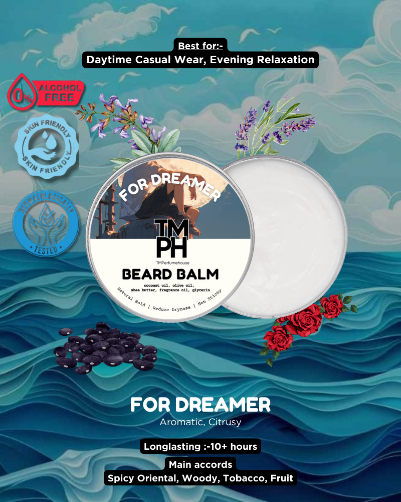 TM PH Beard Balm container with decorative elements on a blue wave background
