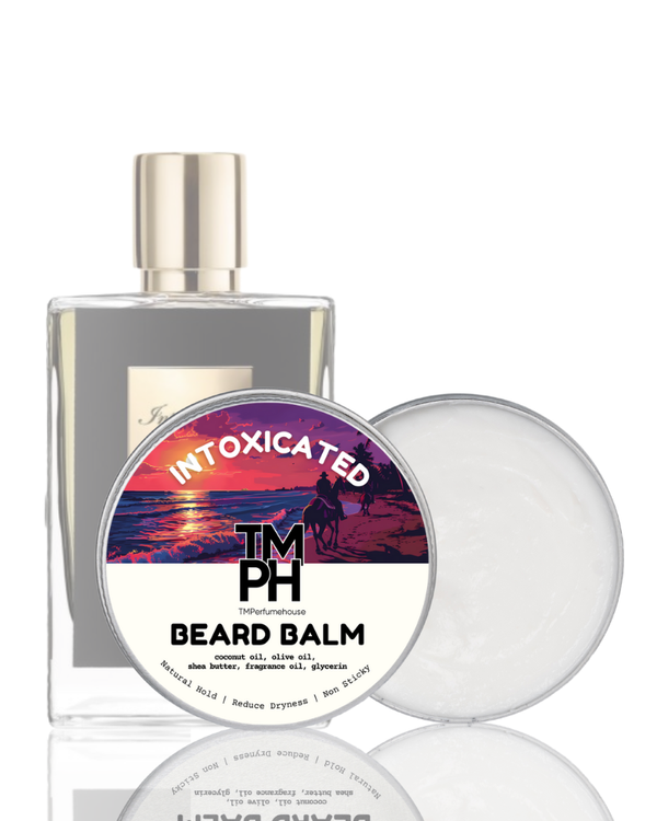 Beard balm packaging with a sunset design and branding on a white background