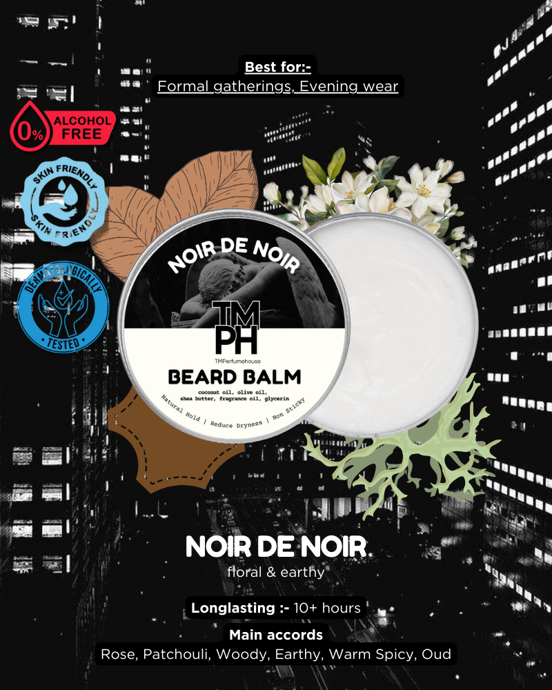 Beard balm container with cityscape background and product details.