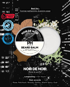 Beard balm container with cityscape background and product details.