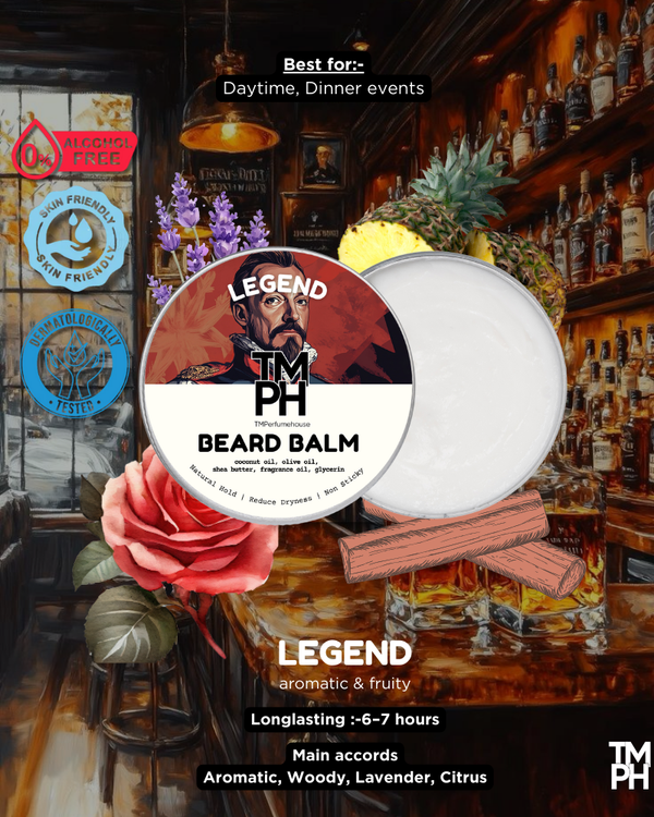 TM PH Beard Balm packaging with a bar setting background