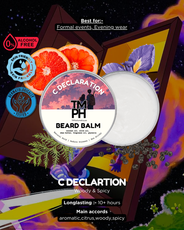 C Declaration beard balm packaging with colorful abstract design