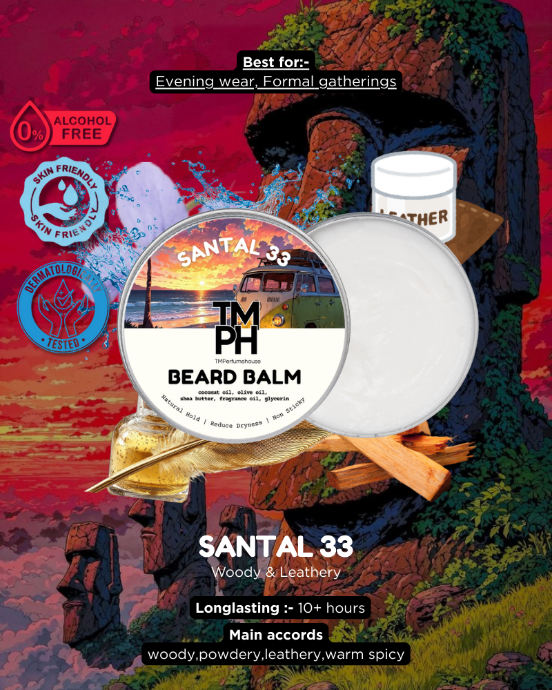 Beard balm packaging with scenic background and product details