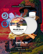 Beard balm packaging with scenic background and product details