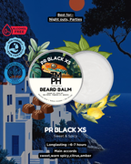 Beard balm packaging with scenic background and product details
