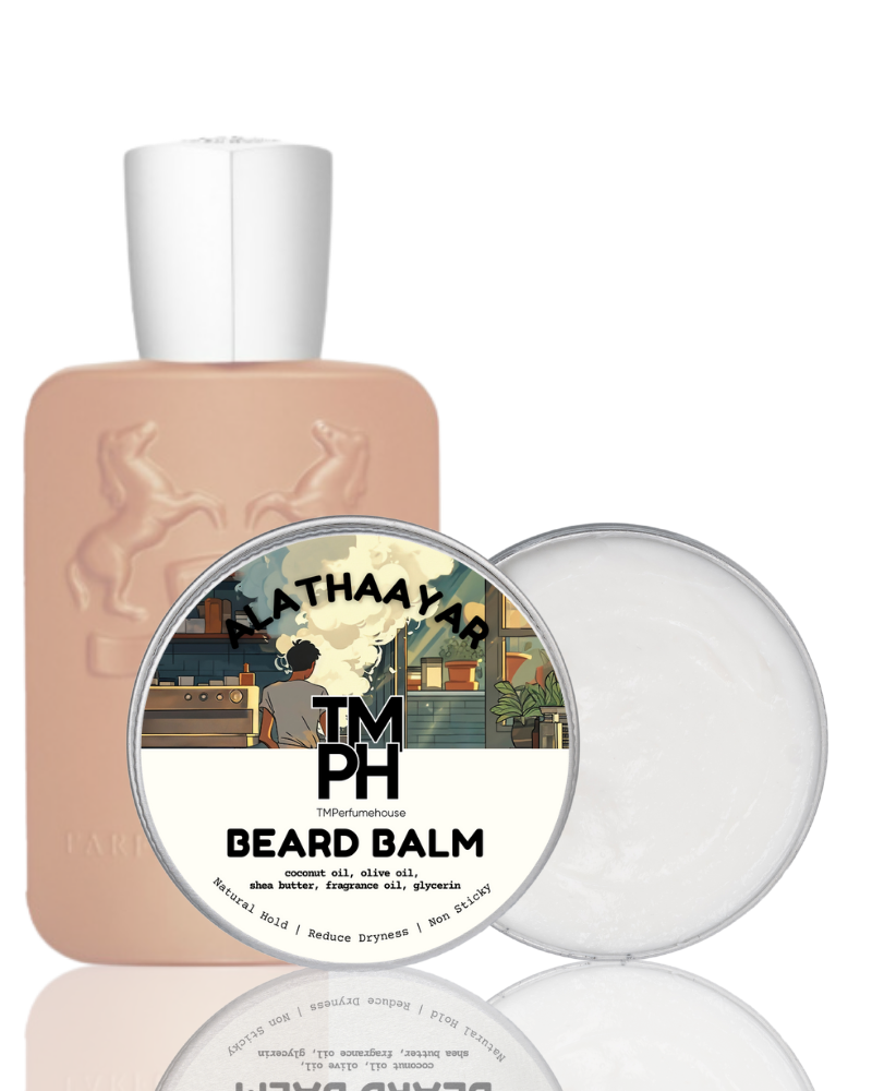 Beard balm packaging with a white cap and beige container on a white background