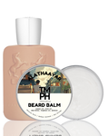 Beard balm packaging with a white cap and beige container on a white background