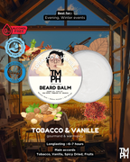 Beard balm packaging with artistic background and product details
