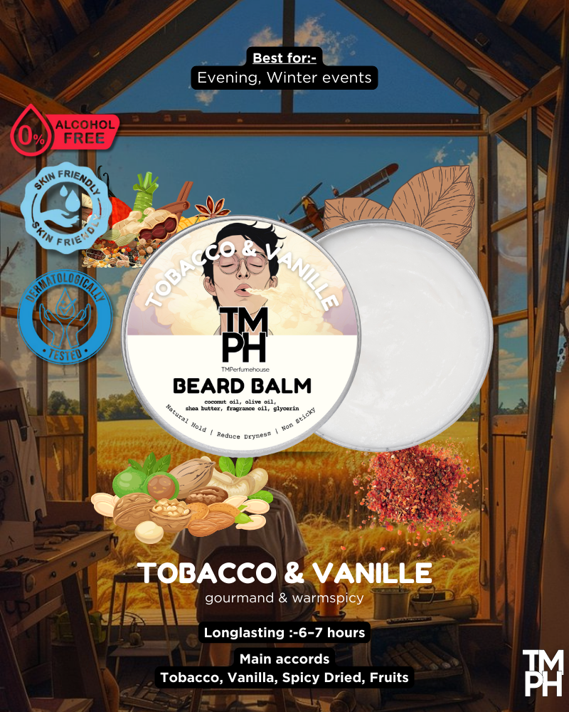 Beard balm packaging with artistic background and product details