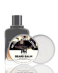 Beard balm and a bottle of aftershave with a visible brand logo on a white background