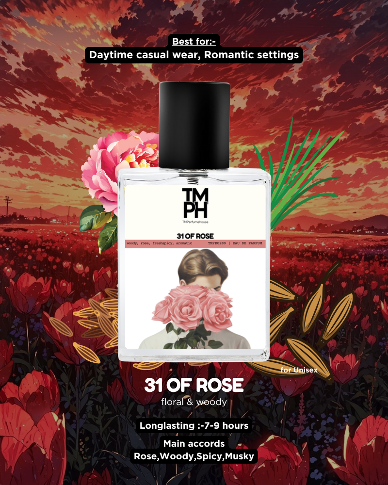 Perfume bottle labeled '31 of Rose' with a colorful floral background