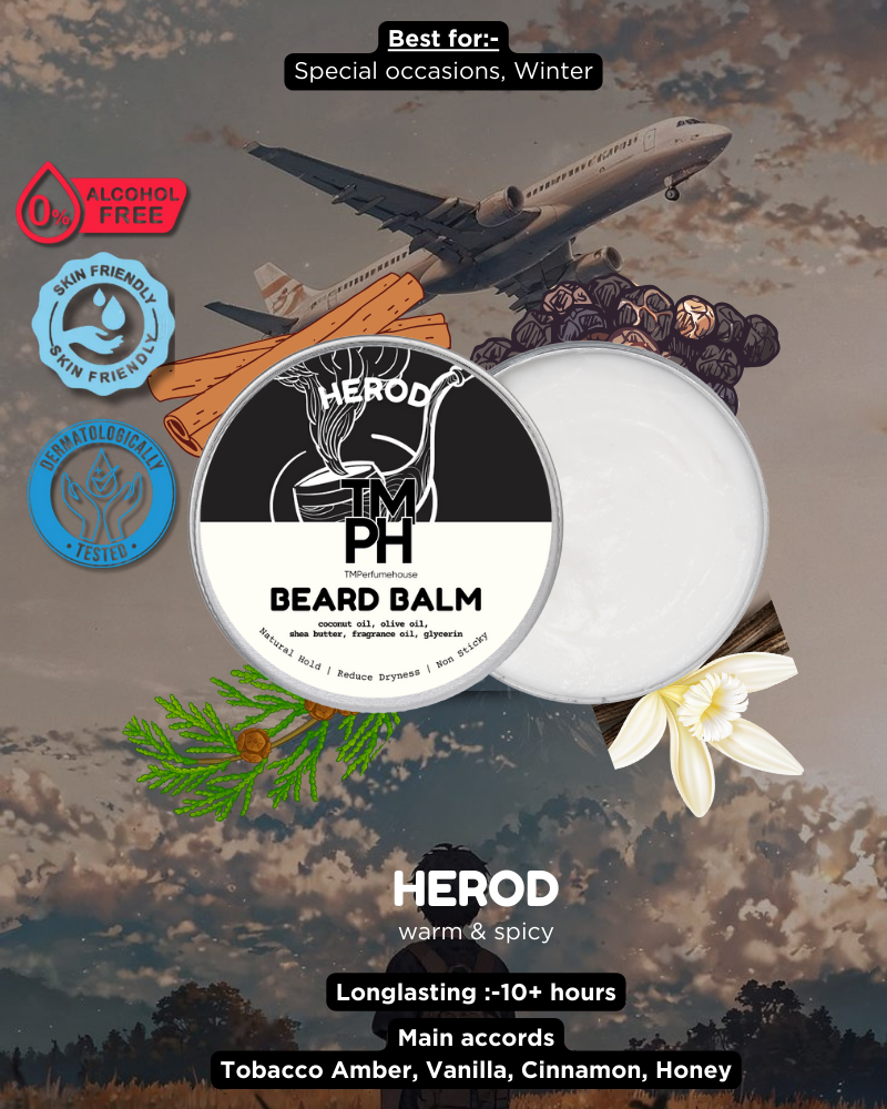 HEROD Tim Ph beard balm packaging with airplane and nature elements on a scenic background