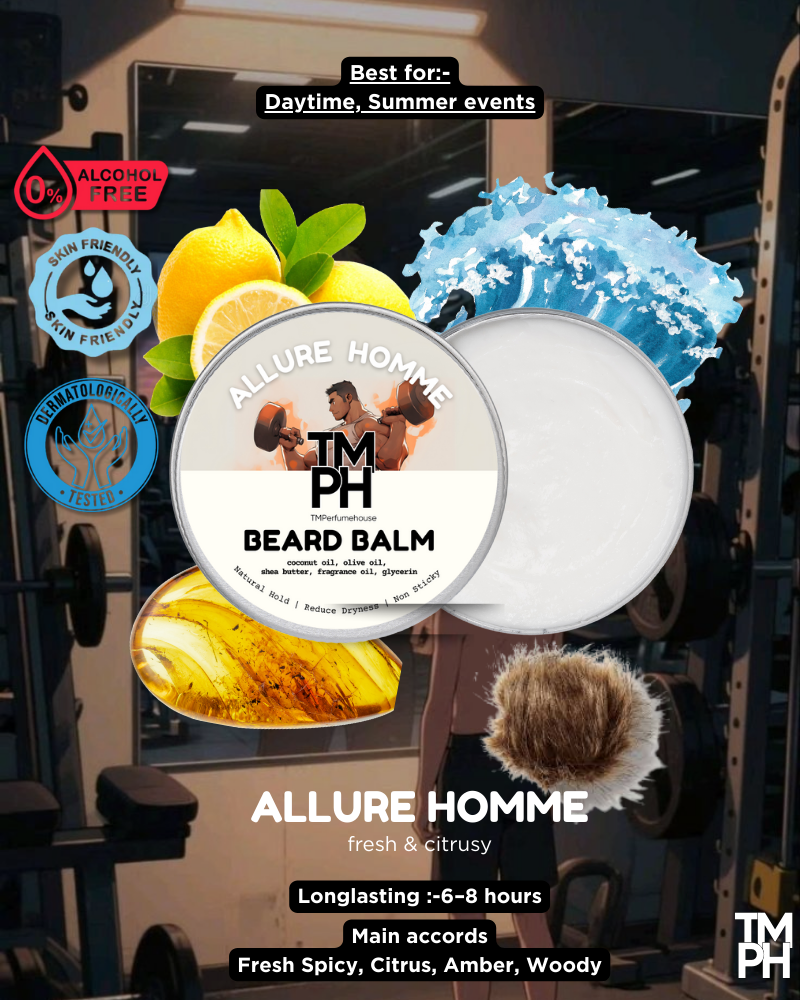 Beard balm packaging with lemon and blue elements, gym background