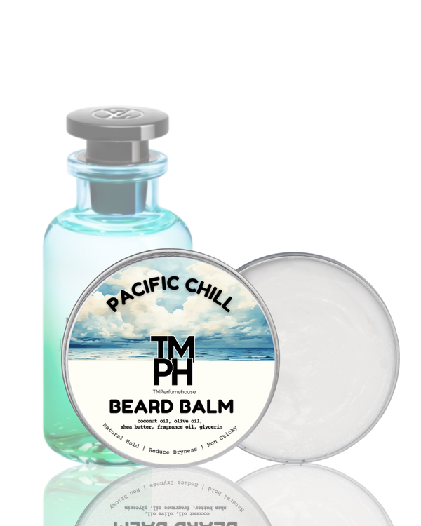 Beard balm packaging with bottle and container on a white background