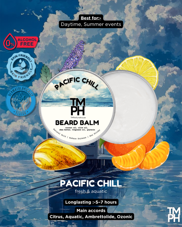Beard balm container with ingredients and branding on a blue background