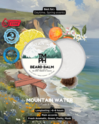 Beard balm packaging with scenic background and product details
