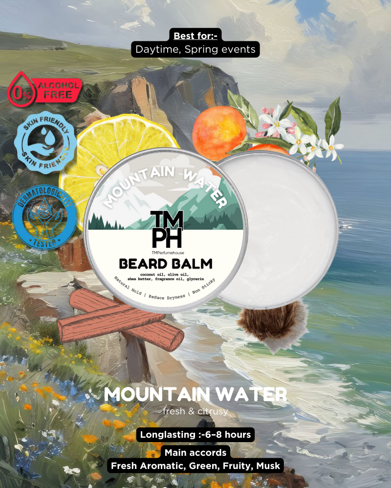 Beard balm packaging with scenic background and product details