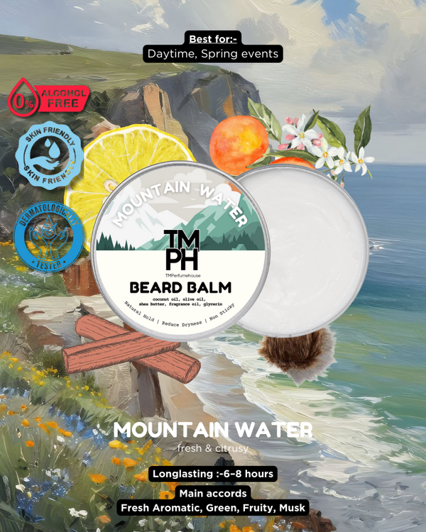 Beard balm packaging with scenic background and product details