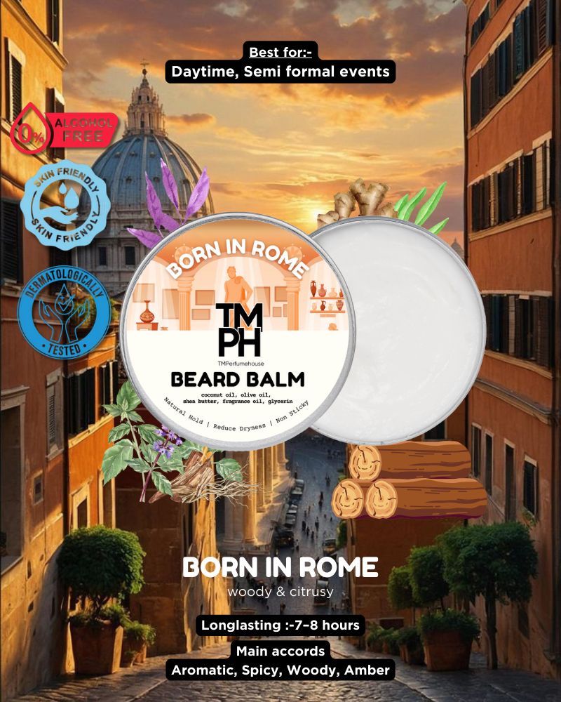 TM PH Beard Balm packaging with Italian cityscape background