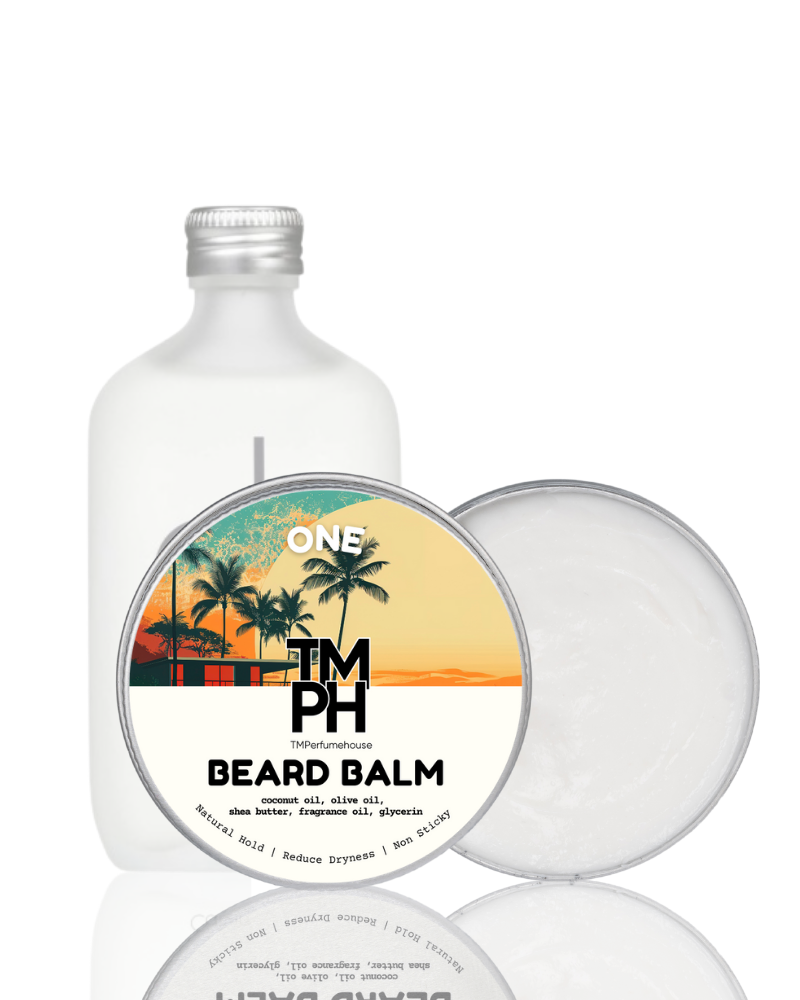 Beard balm packaging with a tropical design on a white background