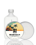 Beard balm packaging with a tropical design on a white background
