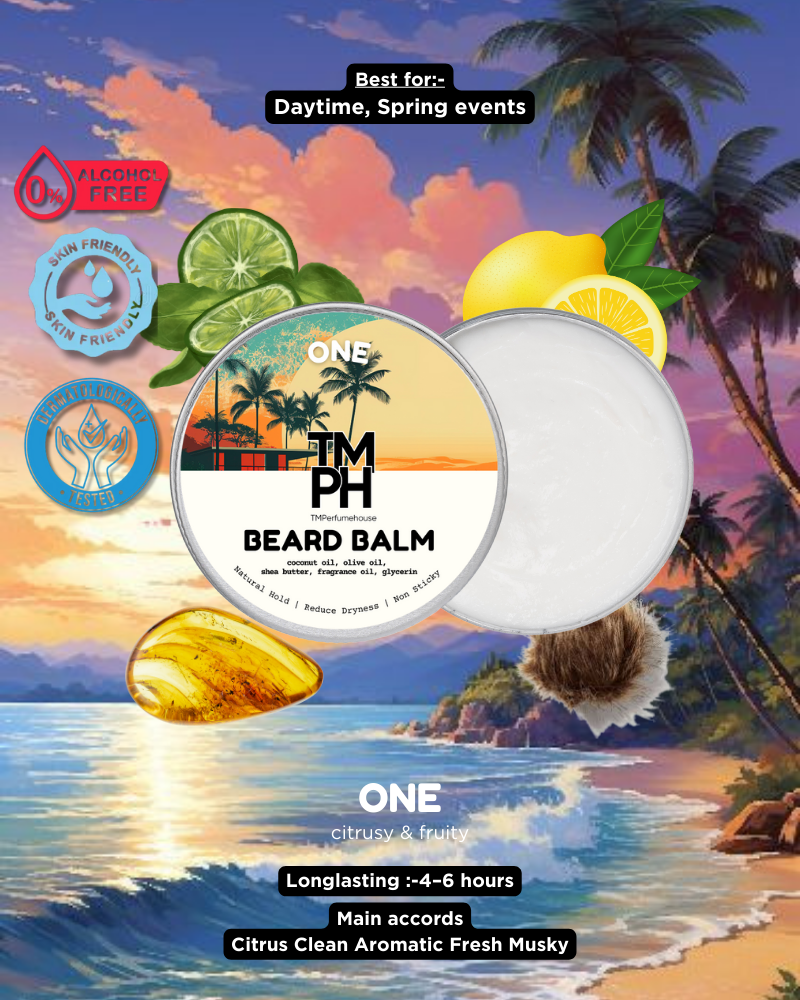 Beard balm packaging with tropical scenery and product details