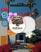 Sohan TM PH Beard Balm packaging with decorative elements and text on a nature-themed background