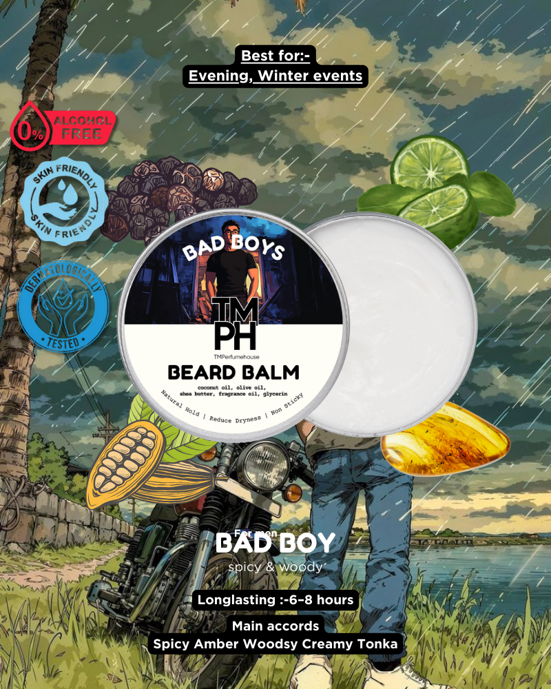 Beard balm packaging with tropical-themed background and product details.