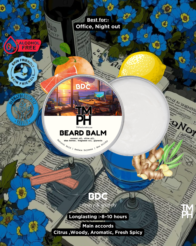 Beard balm packaging with lemon, ginger, and flowers on a newspaper background