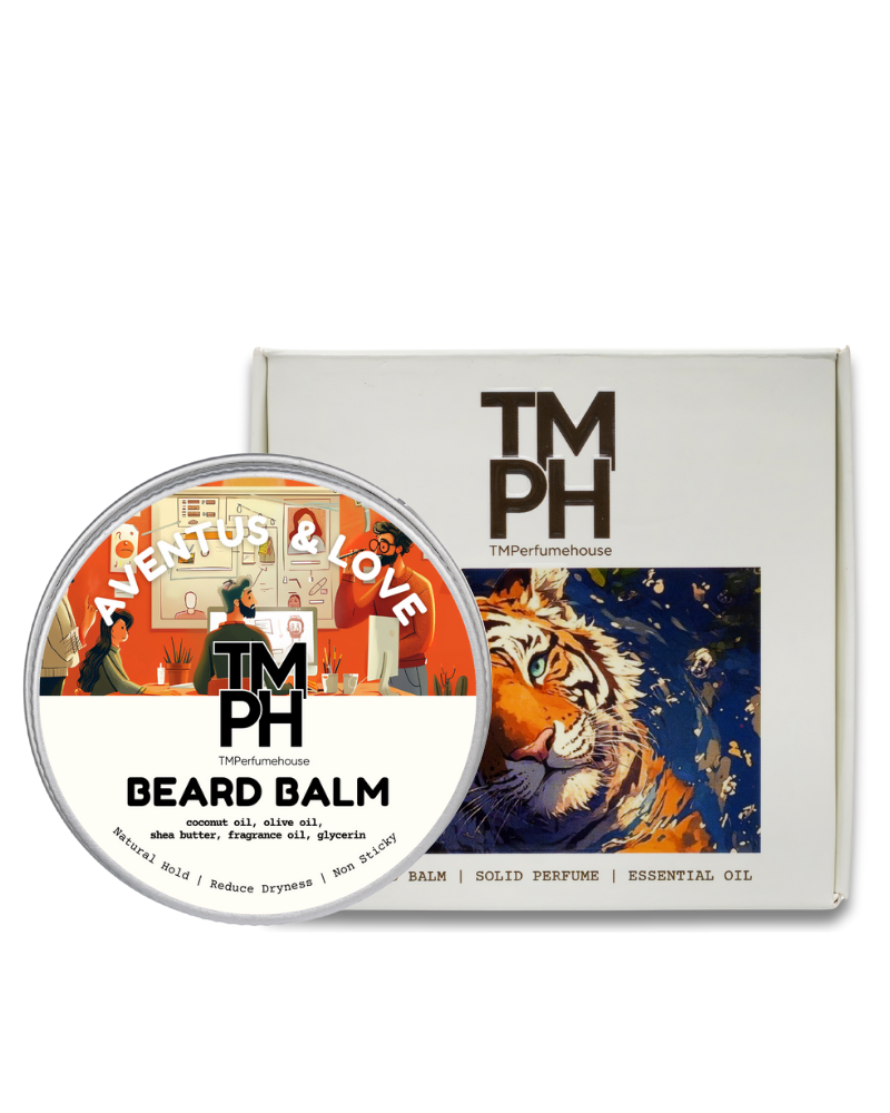 TM PH beard balm container with packaging featuring a tiger illustration on a white background