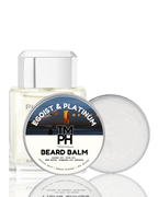 Beard balm packaging with 'Egoist & Platinum' branding on a white background