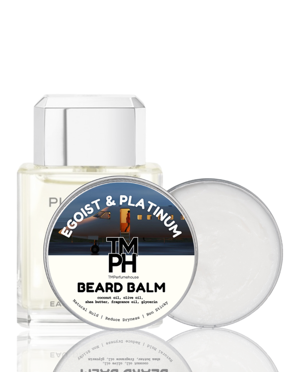 Beard balm packaging with 'Egoist & Platinum' branding on a white background