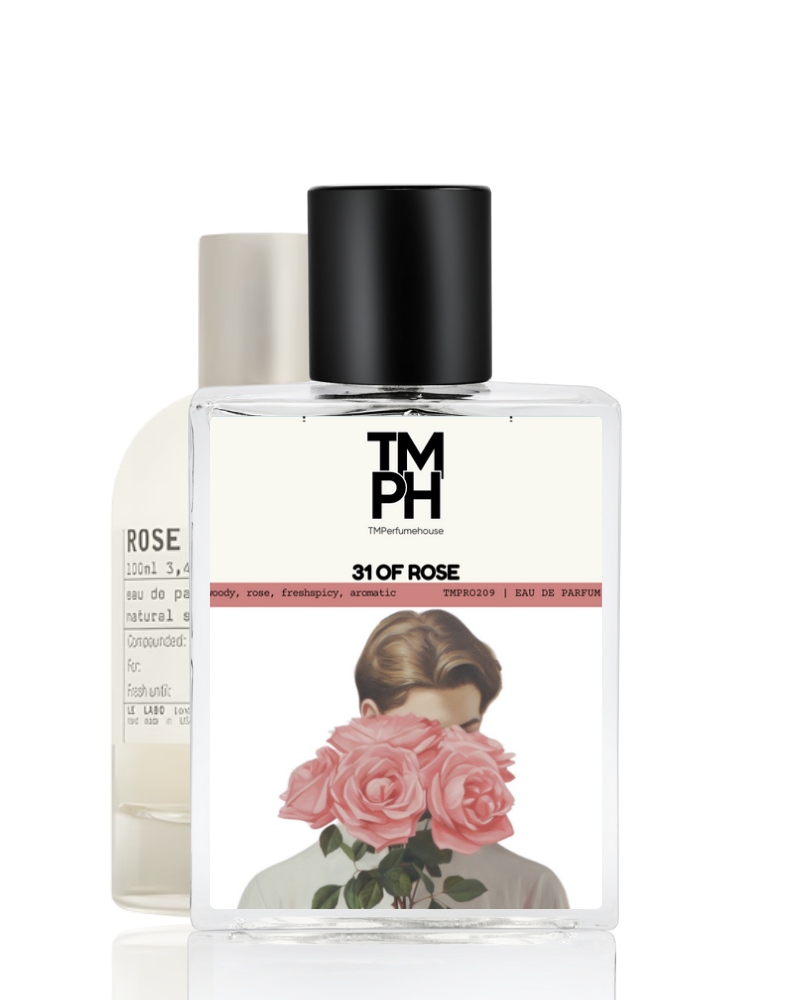 Perfume bottle with a design of a person with flowers and 'TM PH' branding on a white background