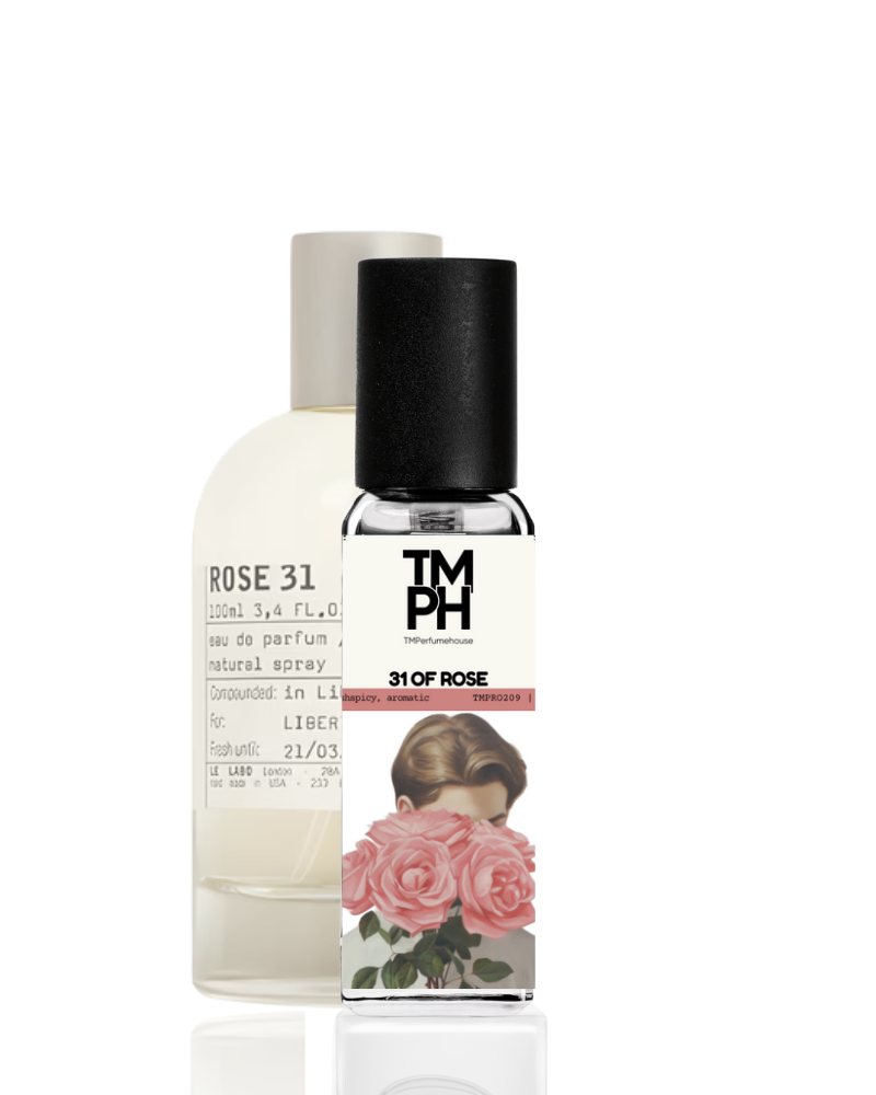 Perfume bottle with a decorative label featuring a woman and roses on a white background