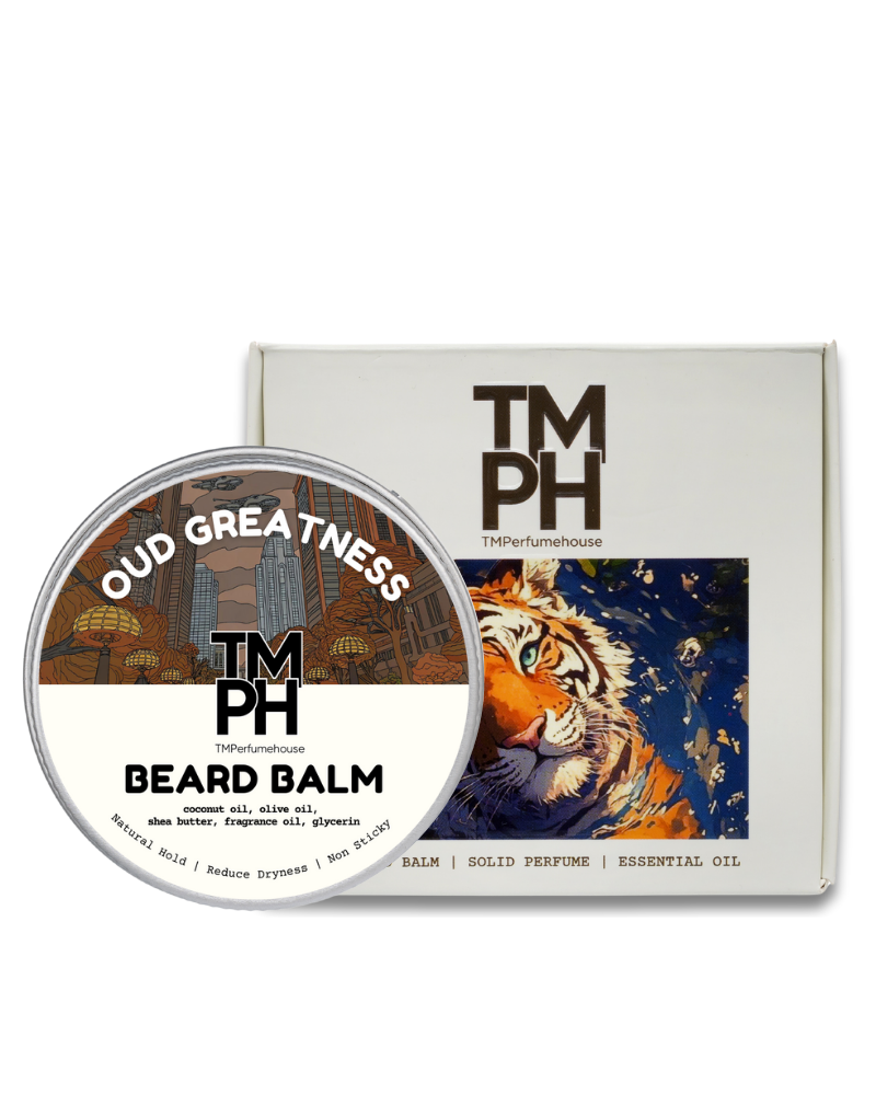 Beard balm container with tiger illustration and TM PH branding on a white background