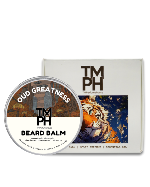 Beard balm container with tiger illustration and TM PH branding on a white background