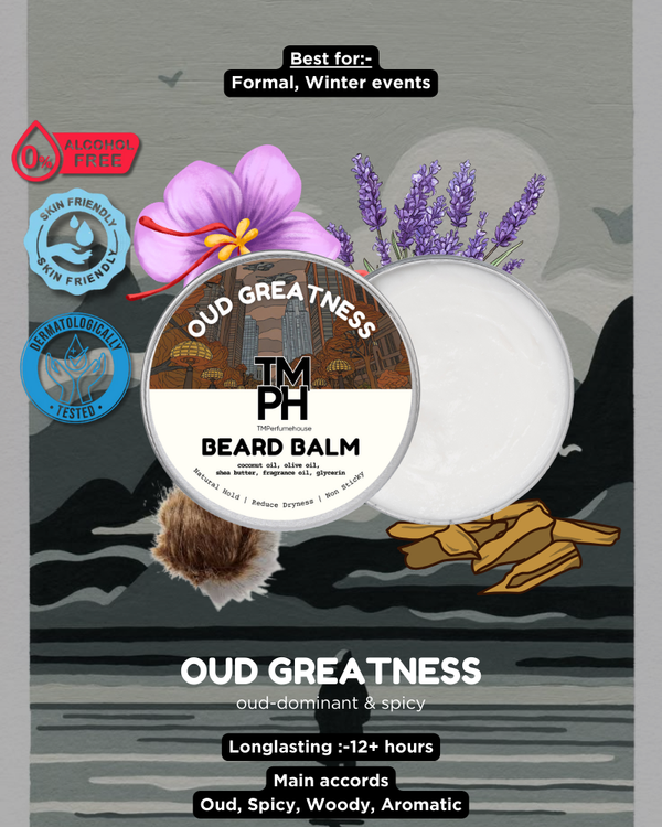 Beard balm packaging with lavender and flowers on a gray background