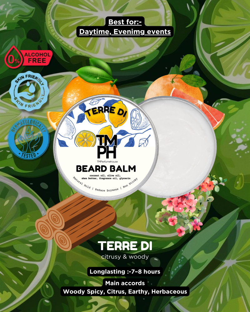 Beard balm packaging with citrus and cinnamon elements on a green leafy background
