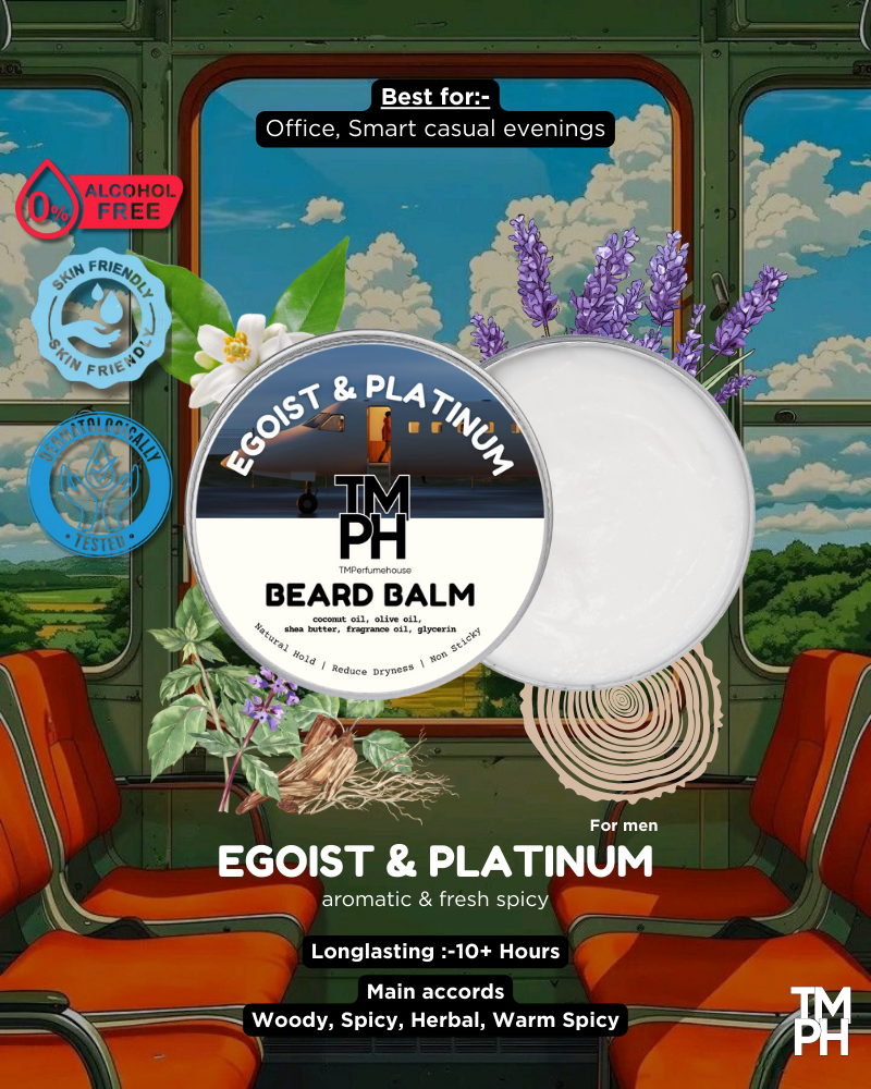 Beard balm container with branding and product details on a train window background