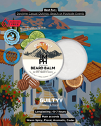 Beard balm packaging with scenic background and product details